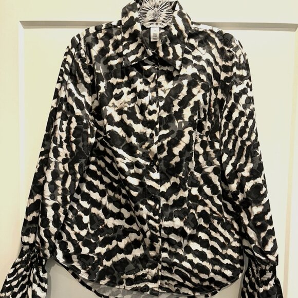 EUC White House Black Market Black Exotic Print Blouse, M - Picture 1 of 12